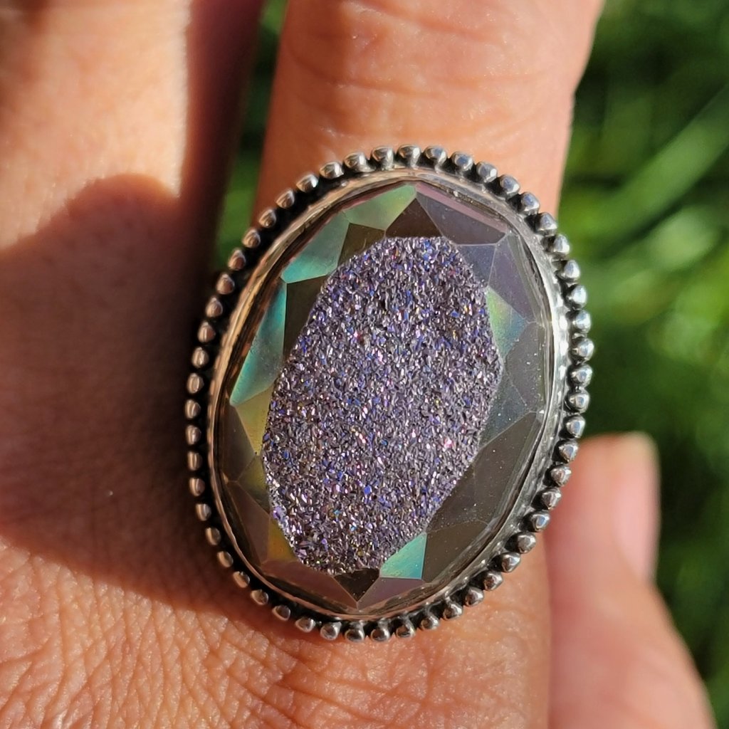 Designer Colleen Lopez Purple Flashy Druzy 925 Sterling Silver Heavy Ring Adjust 150$
